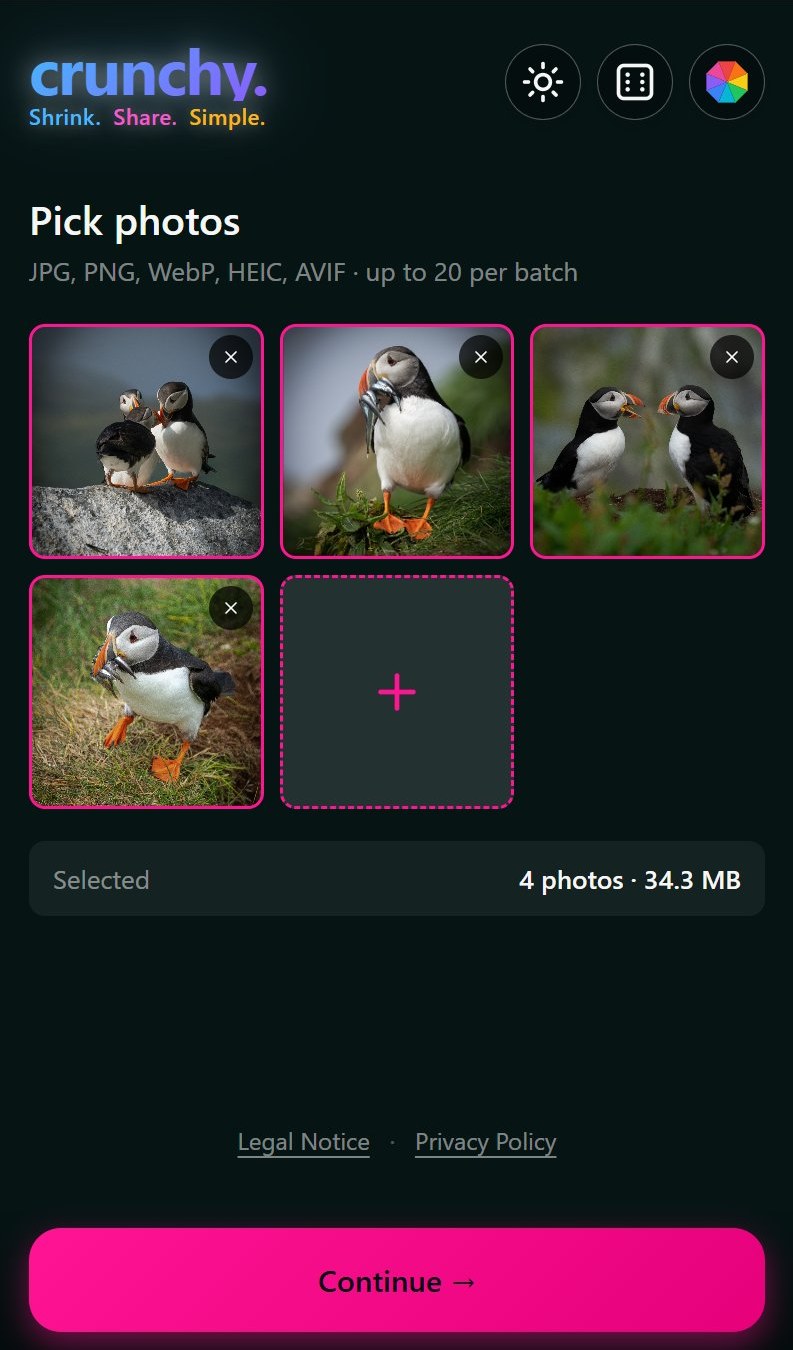 crunchy. picker screen showing four selected photos and a Continue button